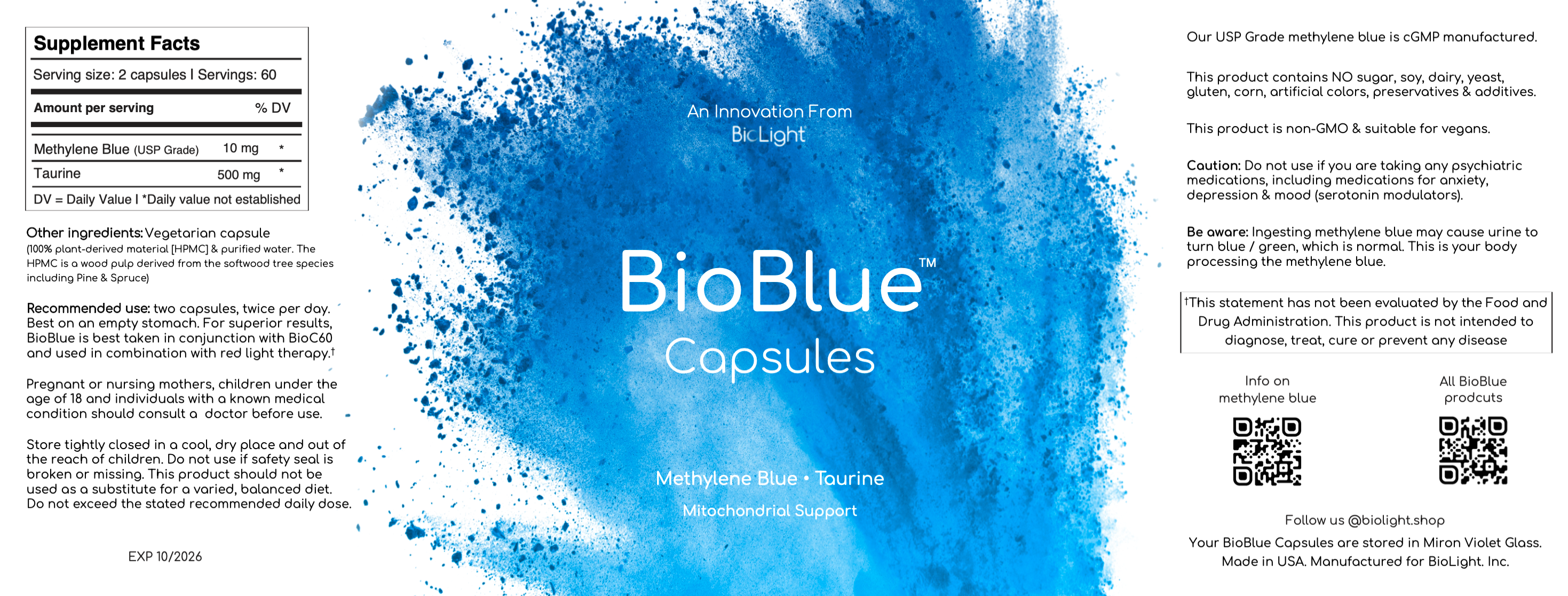 BioBlue Capsules | Methylene Blue Supplement - Support Brain Health & Mitochondrial Function | Red Light Therapy Synergist - USP Grade