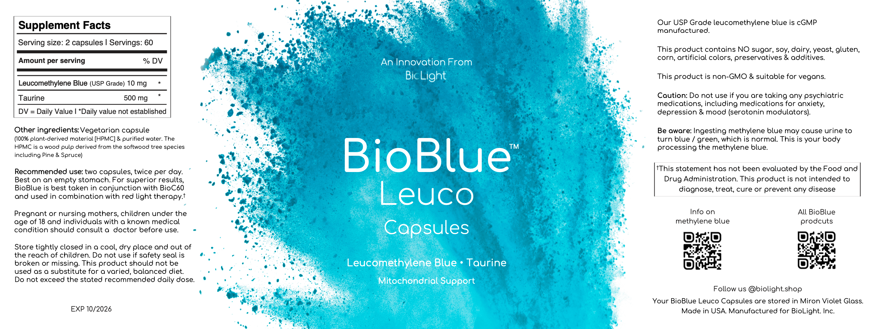 BioBlue Leuco Capsules | Leucomethylene Blue Supplement - Support Brain Health & Mitochondrial Function | Red Light Therapy Synergist - USP Grade